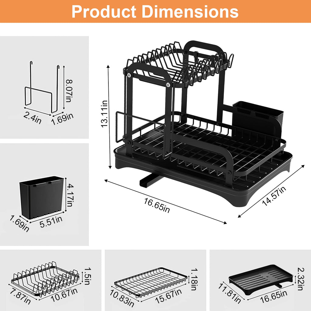 Space-Saving 2-Tier Dish Drying Rack with Drainboard, Rustproof Kitchen Counter Dish Rack with Utensil & Cutting Board Holder