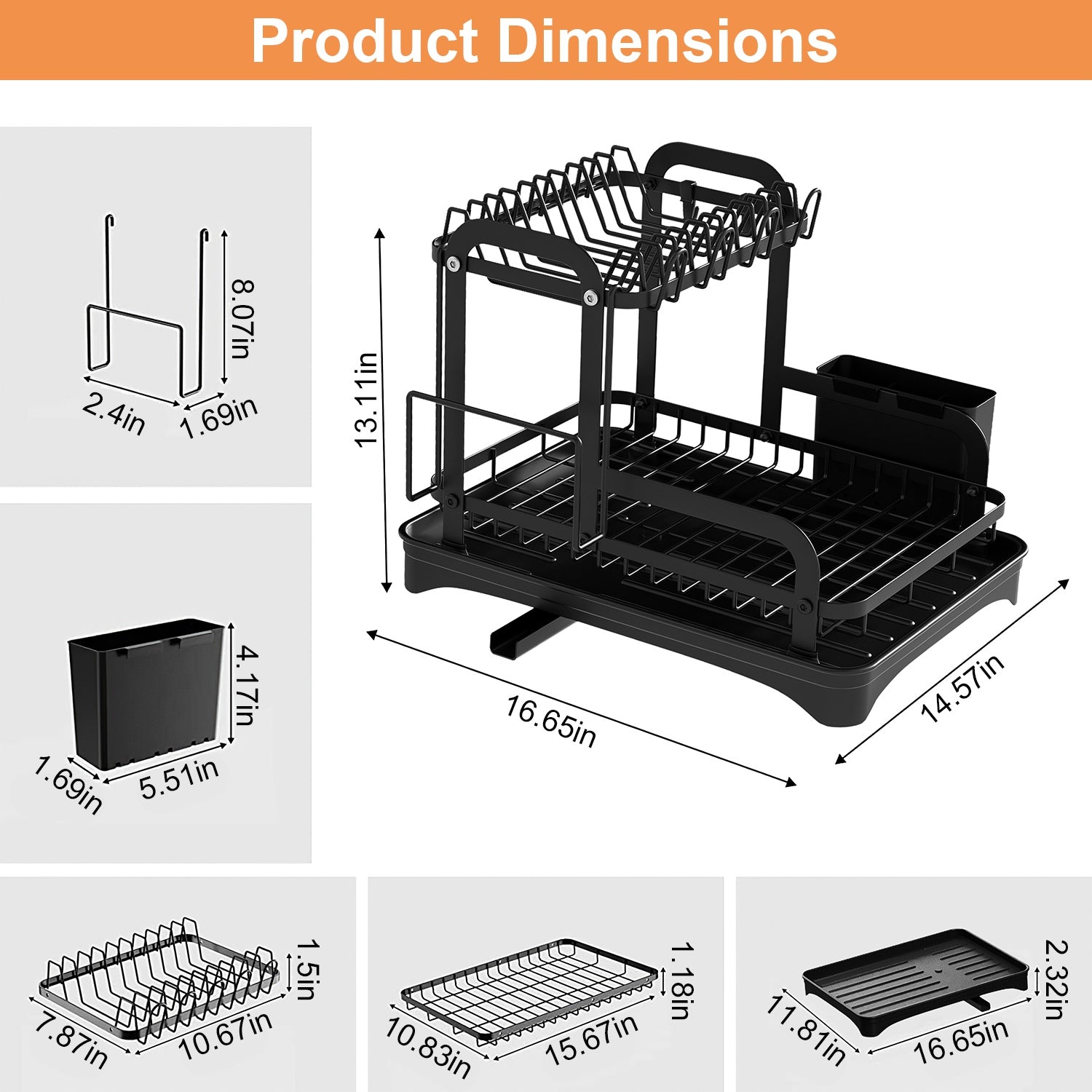 Space-Saving 2-Tier Dish Drying Rack with Drainboard, Rustproof Kitchen Counter Dish Rack with Utensil & Cutting Board Holder