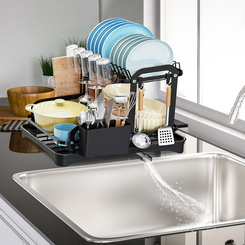 Space-Saving 2-Tier Dish Drying Rack with Drainboard, Rustproof Kitchen Counter Dish Rack with Utensil & Cutting Board Holder