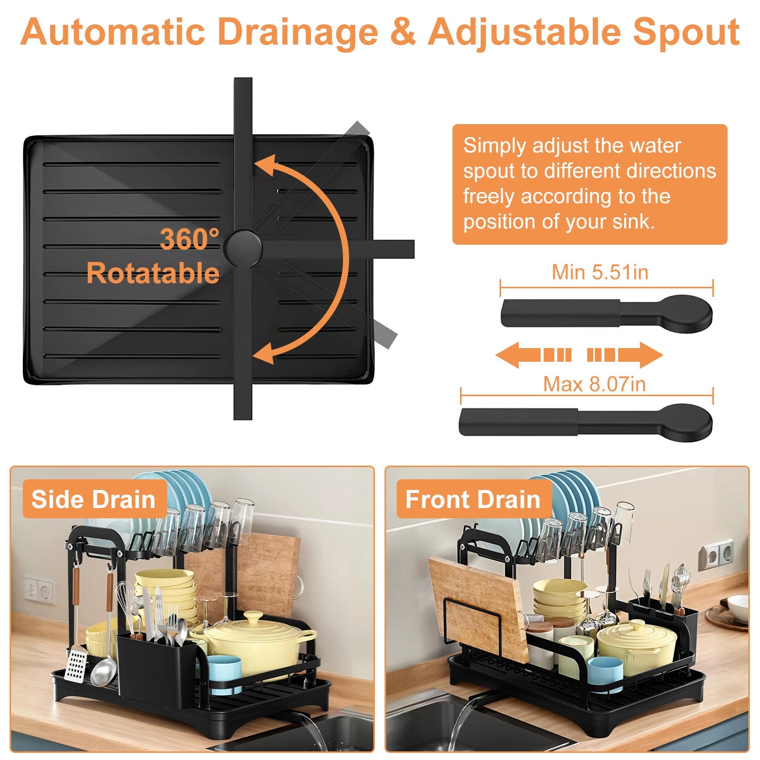Space-Saving 2-Tier Dish Drying Rack with Drainboard, Rustproof Kitchen Counter Dish Rack with Utensil & Cutting Board Holder