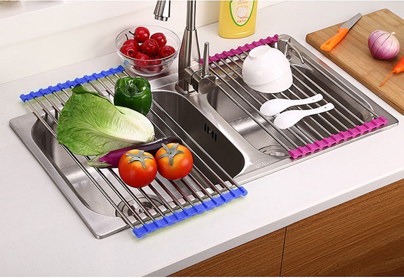 Foldable Stainless Steel Kitchen Sink Drying Rack, Space-Saving Over-the-Sink Dish Drainer for Dishes, Fruits & Vegetables