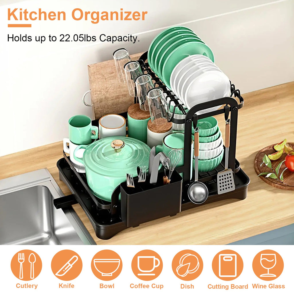 Space-Saving 2-Tier Dish Drying Rack with Drainboard, Rustproof Kitchen Counter Dish Rack with Utensil & Cutting Board Holder