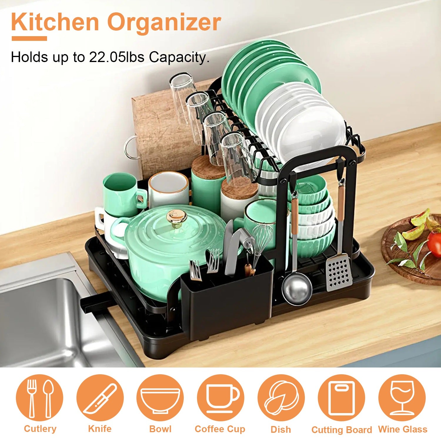 Space-Saving 2-Tier Dish Drying Rack with Drainboard, Rustproof Kitchen Counter Dish Rack with Utensil & Cutting Board Holder