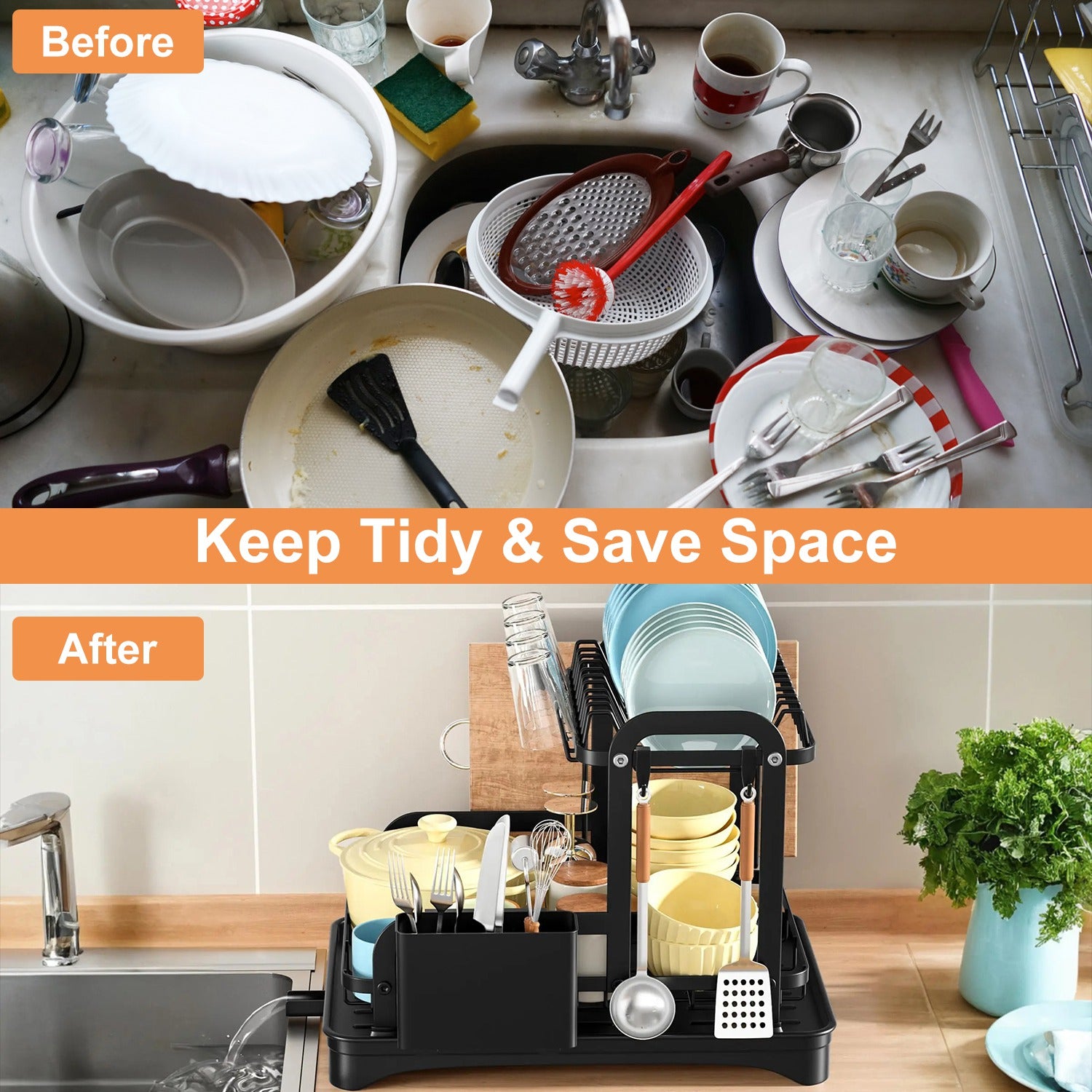 Space-Saving 2-Tier Dish Drying Rack with Drainboard, Rustproof Kitchen Counter Dish Rack with Utensil & Cutting Board Holder