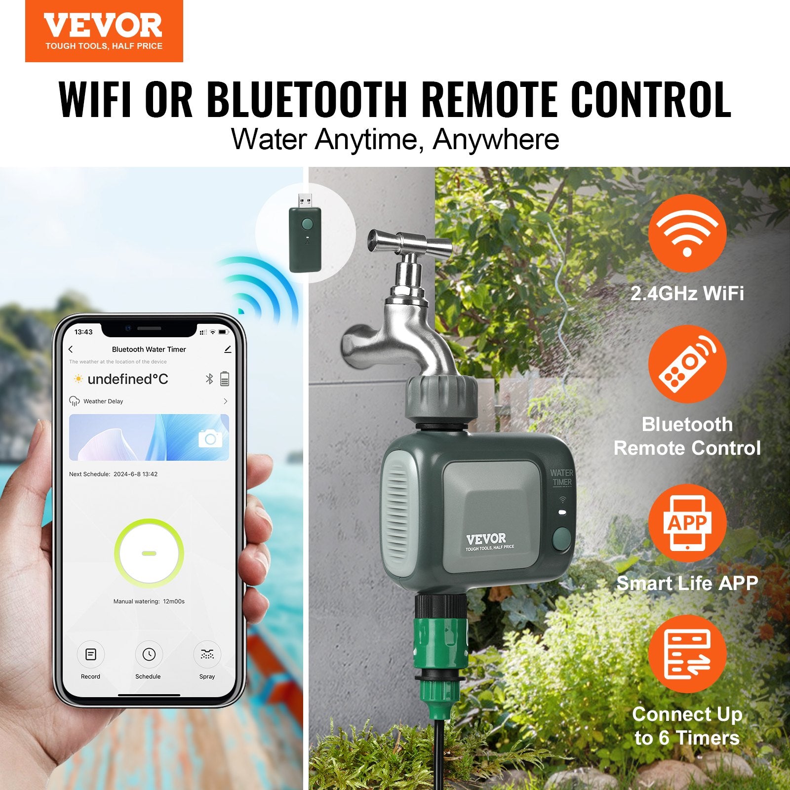 Smart WiFi Sprinkler Timer with Brass Inlet, Single Outlet Hose Faucet Water Timer with App & Voice Control, 2.4GHz WiFi/Bluetooth, IPX6 Waterproof