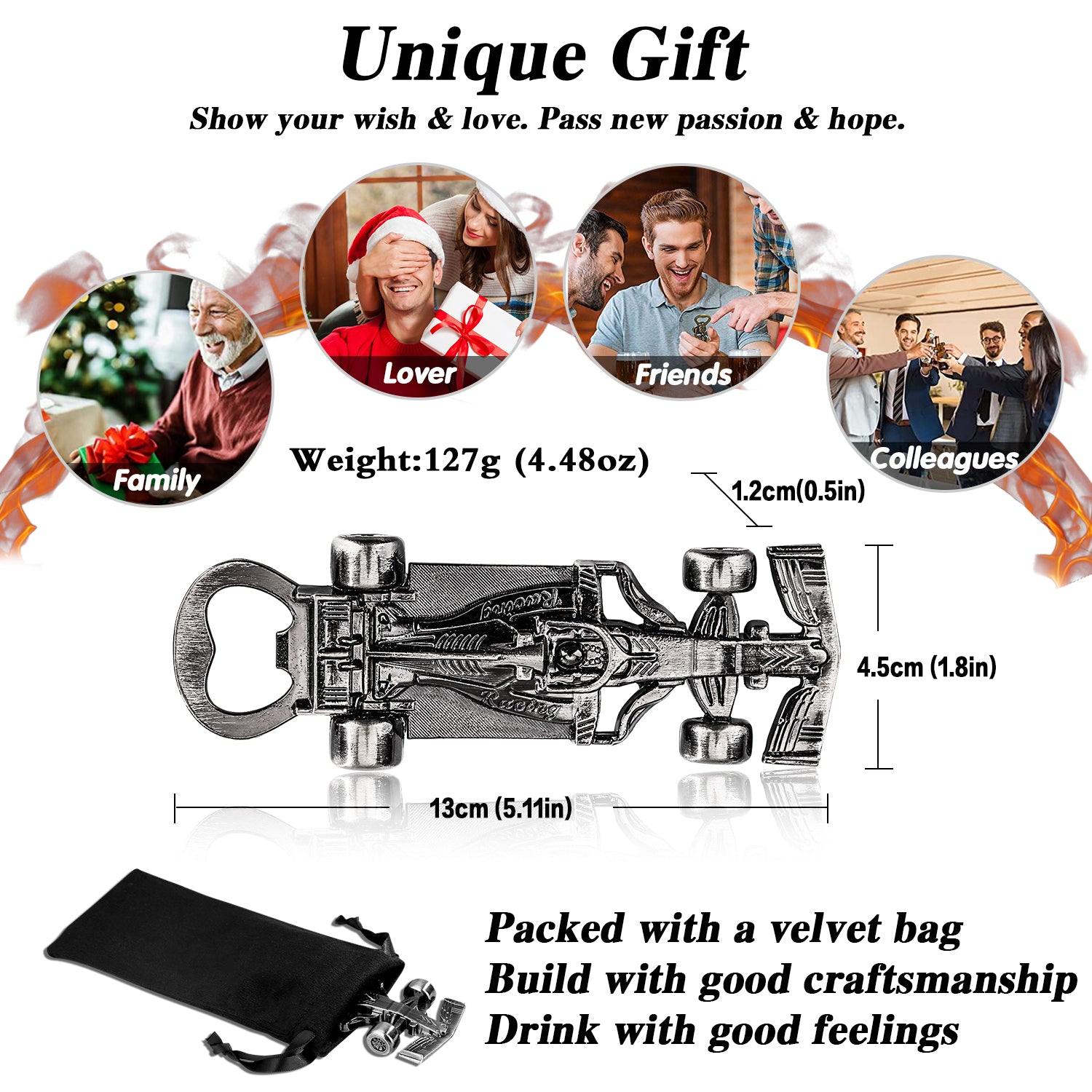 Exquisite Racing Bottle Opener, Durable & Precision-Crafted for Sports Events, Parties, or Home Use – Includes Black Drawstring Bag