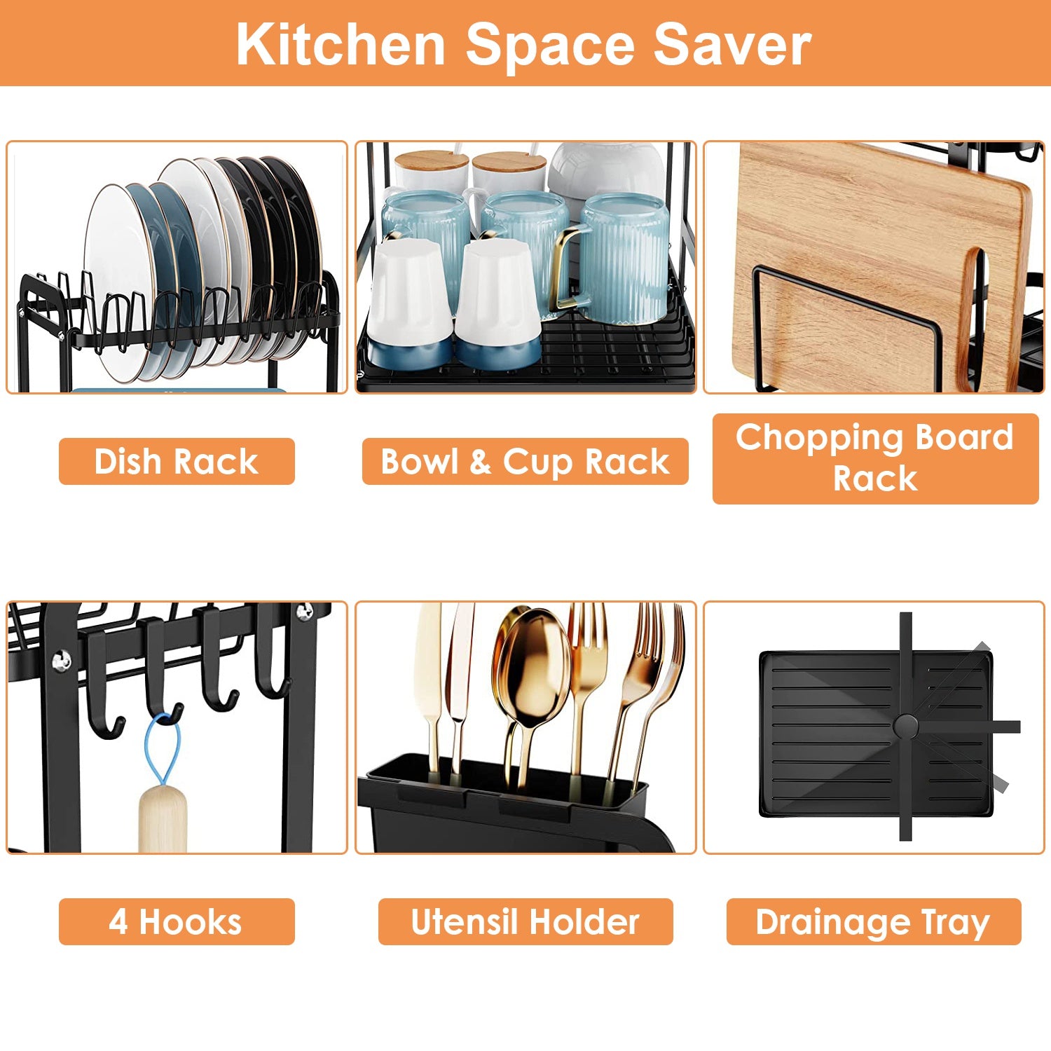 Space-Saving 2-Tier Dish Drying Rack with Drainboard, Rustproof Kitchen Counter Dish Rack with Utensil & Cutting Board Holder