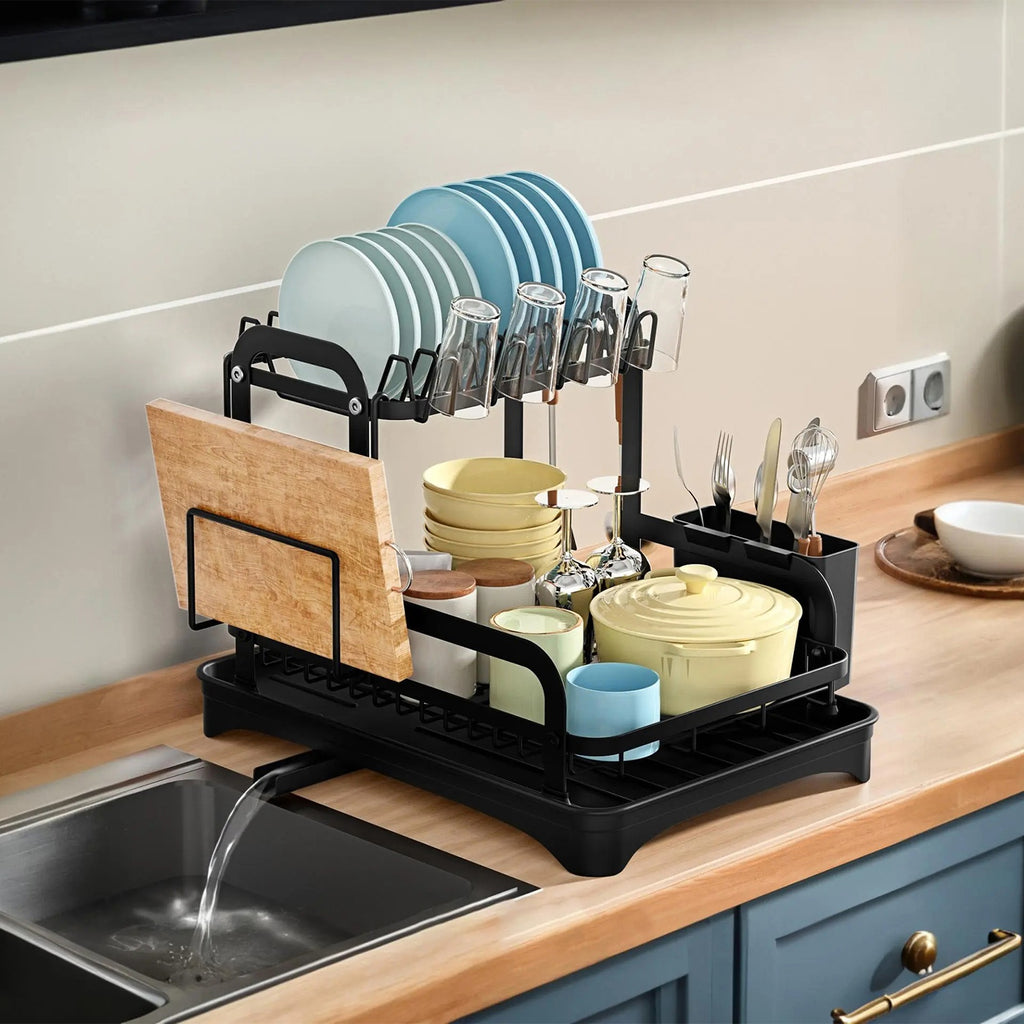 Space-Saving 2-Tier Dish Drying Rack with Drainboard, Rustproof Kitchen Counter Dish Rack with Utensil & Cutting Board Holder