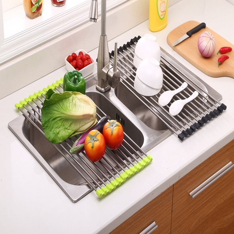 Foldable Stainless Steel Kitchen Sink Drying Rack, Space-Saving Over-the-Sink Dish Drainer for Dishes, Fruits & Vegetables